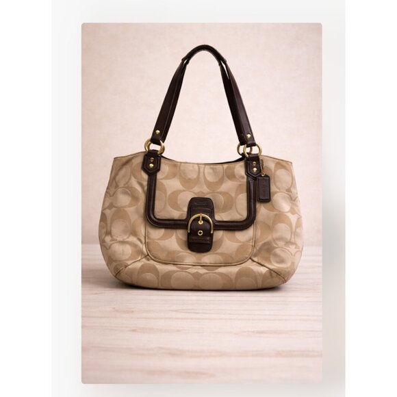 Coach Handbags - Coach Shoulder Bag Womens Medium Beige Signature Jacquard Leather Buckle Purse